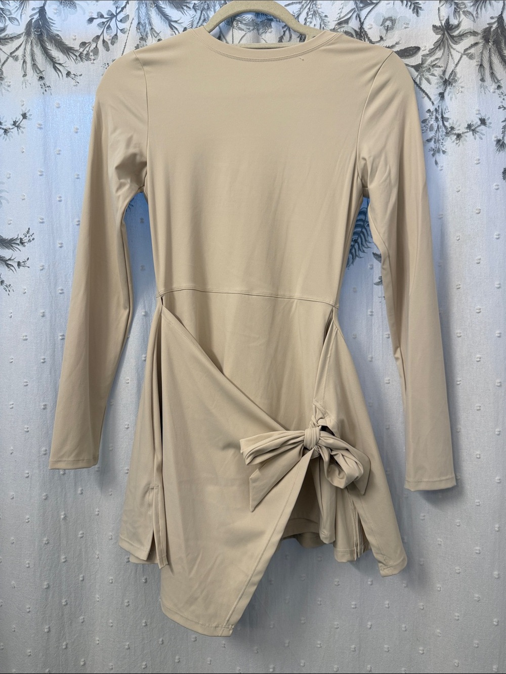 Long-Sleeve Cream Twist-Side Dress
